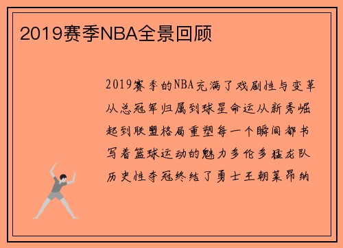 2019赛季NBA全景回顾
